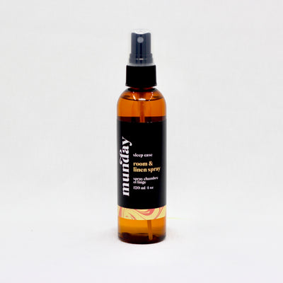 Room & linen spray with lavender essential oil, orange peel oil, geranium, cinnamon oil. Designed to calm the mind for a restful night of sleep.