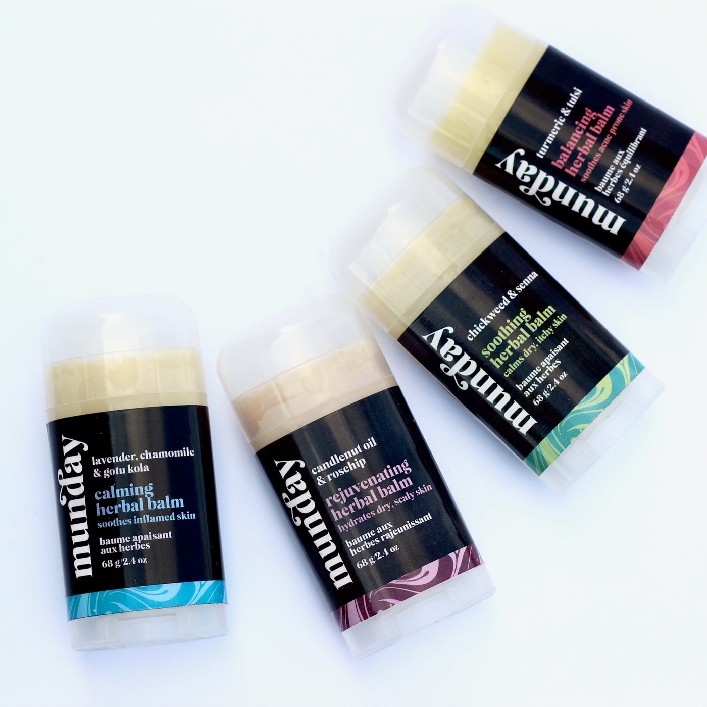 Rejuvenating herbal balms in a twist-up stick form for those especially dry areas like elbows, knees and shins