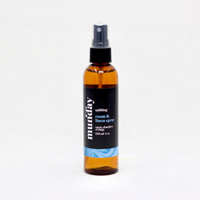 Room & Linen Spray with a blend of lemongrass, eucalyptus and peppermint essential oils, designed to uplift