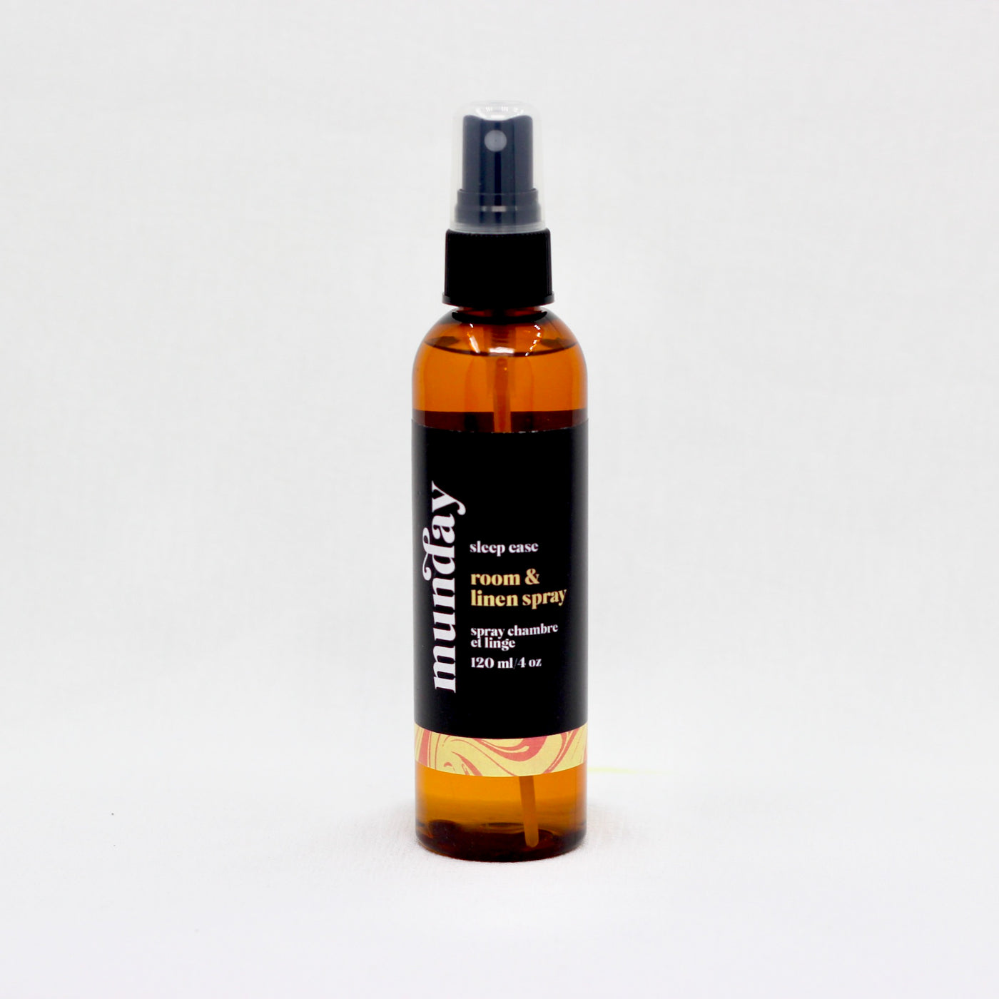 Room & linen spray with lavender essential oil, orange peel oil, geranium, cinnamon oil. Designed to calm the mind for a restful night of sleep.